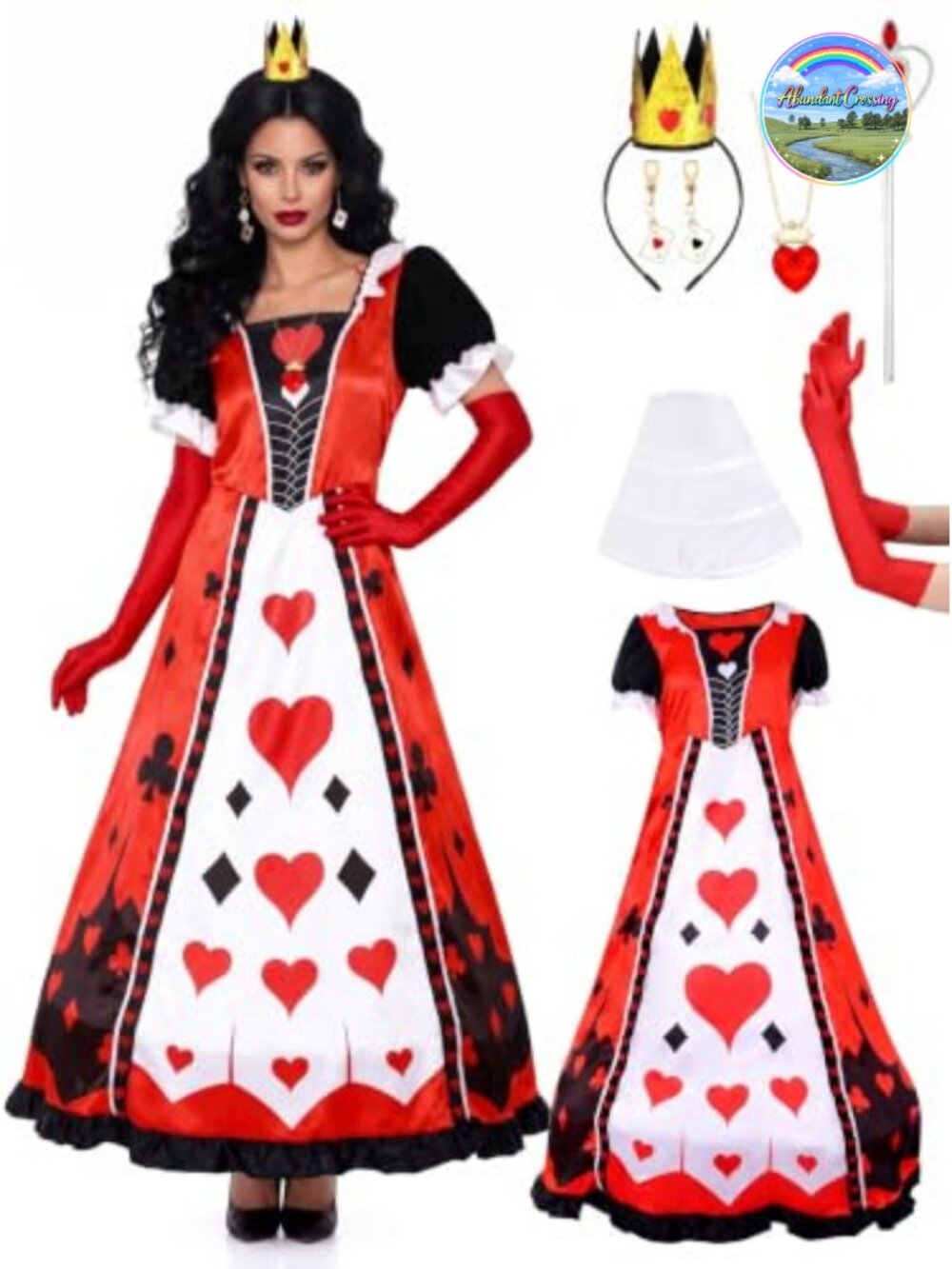 Queen Costume Set 8 Piece with Dress Petticoat Wig Crown Cosplay Halloween